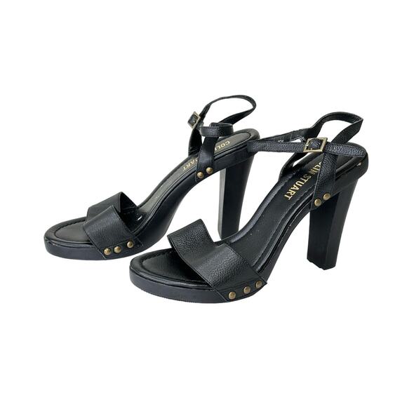Colin Stuart Open Toe High Heels Leather Black Gold Stud Accents Sexy Size 7.5 - Picture 1 of 8